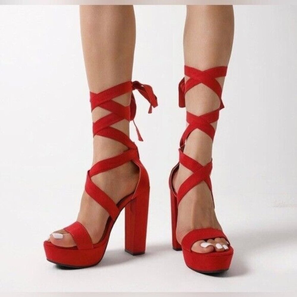 Dream Pairs Red Chunky Block Platform High Heels Multi Way Wear 9.5 NWOB